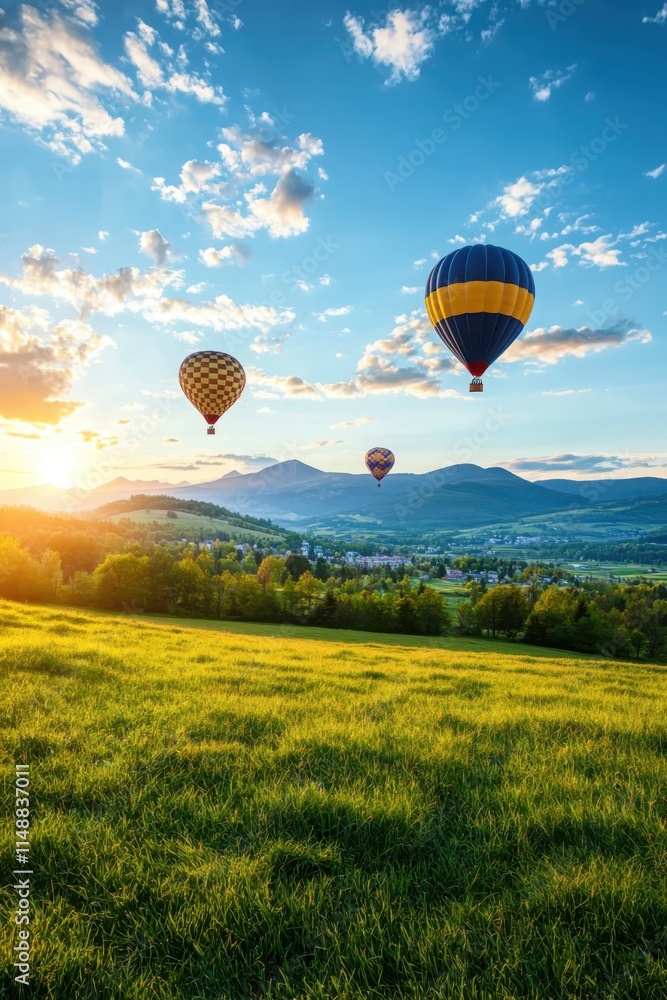 Obraz premium Vibrant sunset hot air balloons over a green grass field scenic landscape photography nature environment