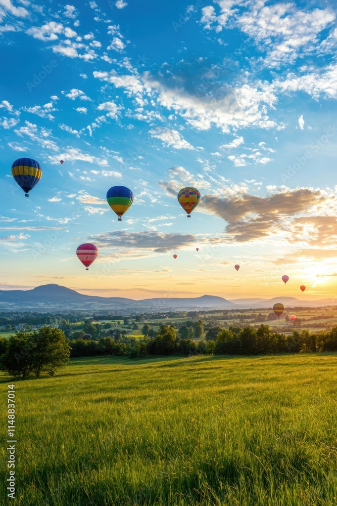 Obraz premium Hot air balloons soaring over sunset landscape green grass field vibrant sky scenic viewpoint nature photography