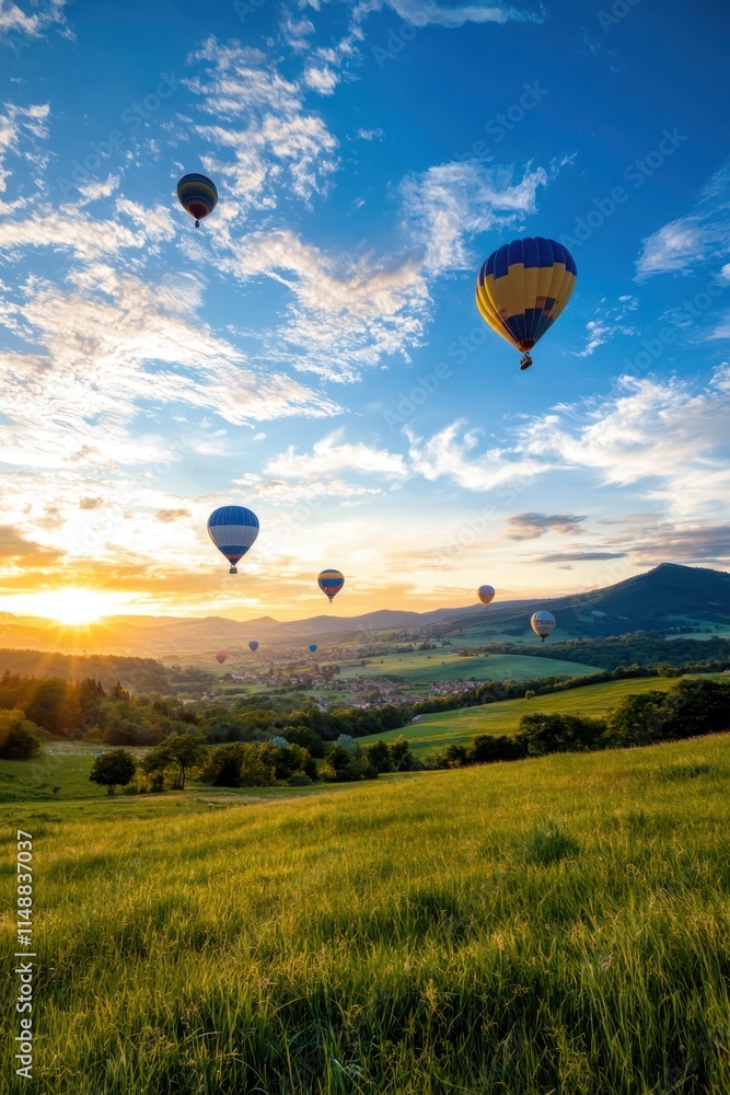 Obraz premium Hot air balloons flying over vibrant green grass field at sunset scenic landscape nature photography