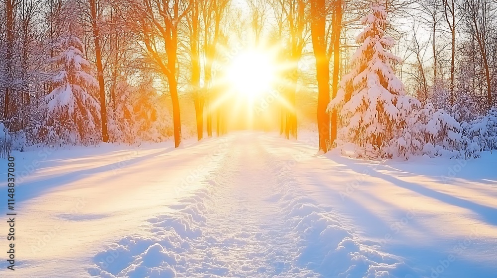 Sunlit Path Through a Snowy Forest Sunlit Path Through a Snowy Forest