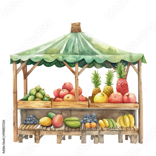 A watercolor drawing of a tropical fruit stall under a canopy, isolated on a white background. Fruit stall vector.
