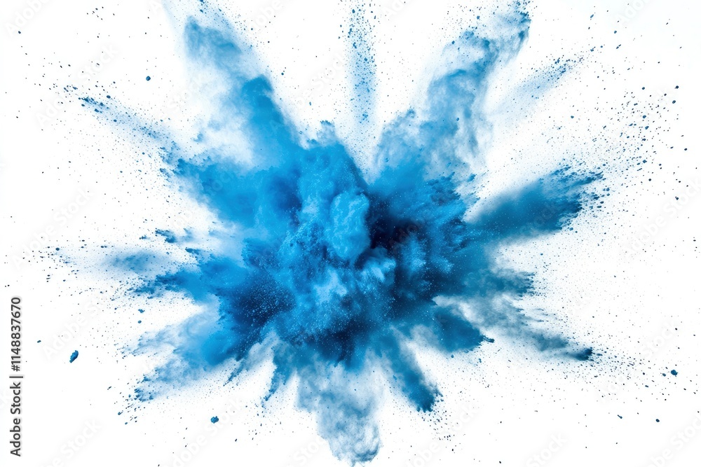 Blue color powder explosion cloud on white background.Blue dust particles splash. Blue color powder explosion cloud on white background.Blue dust particles splash.