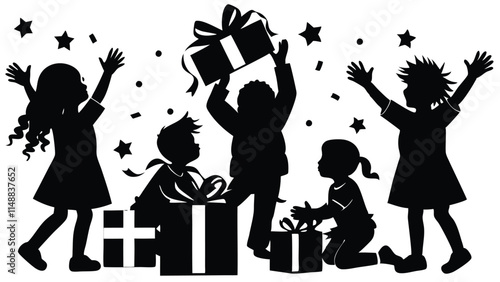 silhouette of excited children opening gifts on Christmas morning