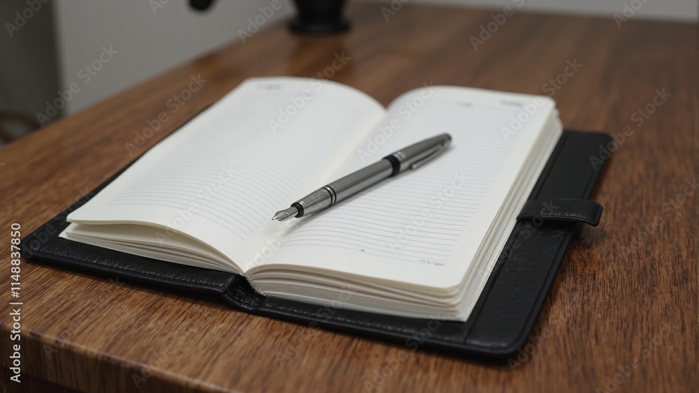 Elegant black leather planner open on desk with fountain pen Elegant black leather planner open on desk with fountain pen