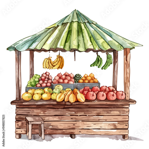 A watercolor drawing of a tropical fruit stall under a canopy, isolated on a white background. Fruit stall vector.
