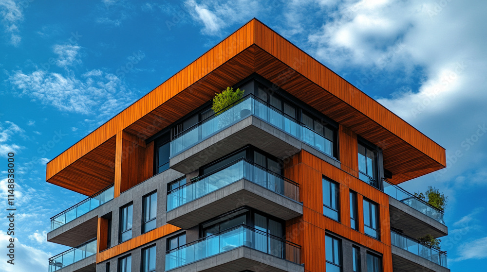 Detail of modern residential apartment flat building exterior showcasing a luxury home complex with sleek design and city real estate. A fragment of upscale architecture with blue sky and copy space Detail of modern residential apartment flat building exterior showcasing a luxury home complex with sleek design and city real estate. A fragment of upscale architecture with blue sky and copy space