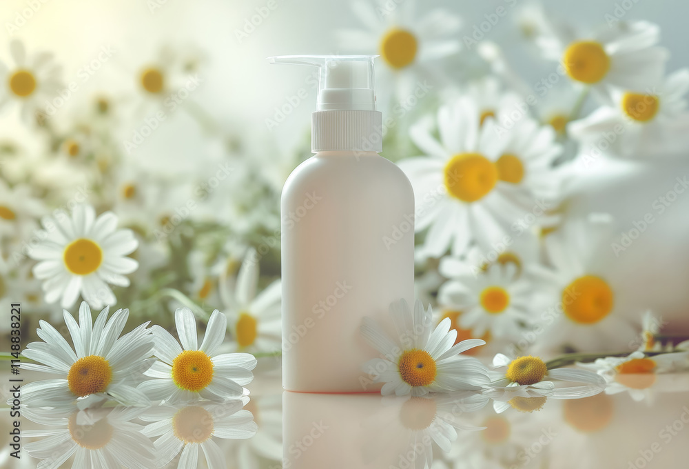 Chamomile daisy flowers with cosmetic bottle near, closeup detail - plants extracts used in beauty products concept. Generative AI Chamomile daisy flowers with cosmetic bottle near, closeup detail - plants extracts used in beauty products concept. Generative AI