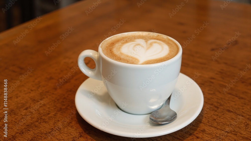 Glossy cappuccino in ceramic cup with silver spoon on wooden table Glossy cappuccino in ceramic cup with silver spoon on wooden table