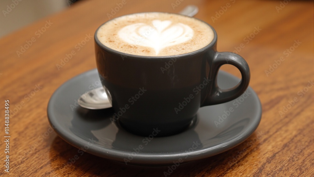 Glossy cappuccino in ceramic cup with silver spoon on wooden table Glossy cappuccino in ceramic cup with silver spoon on wooden table