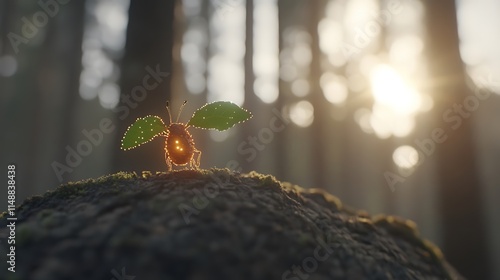 A whimsical creature with leaf-like wings perched on a mossy surface. photo