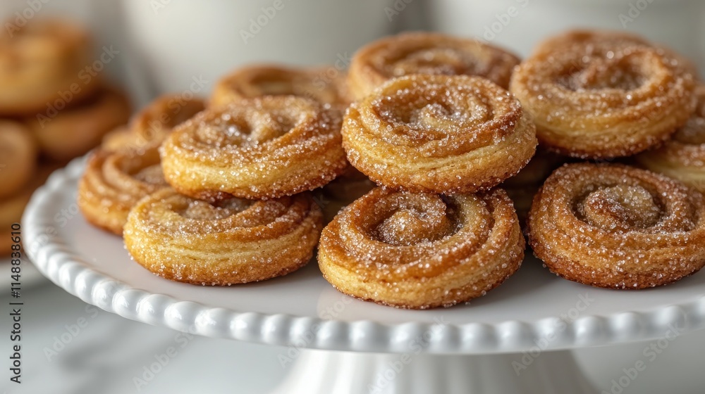 Palmier cookies on a white pedestal cake stand. Palmier cookies on a white pedestal cake stand.