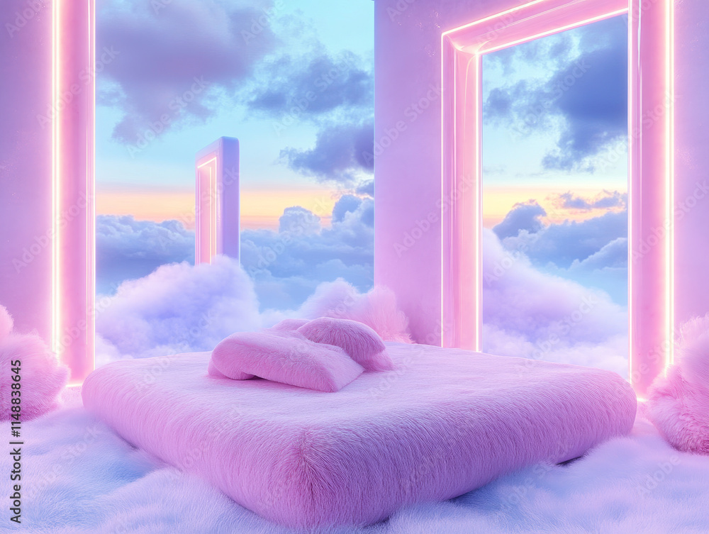 dreamlike interior with fluffy pink bed surrounded by glowing portals and clouds dreamlike interior with fluffy pink bed surrounded by glowing portals and clouds