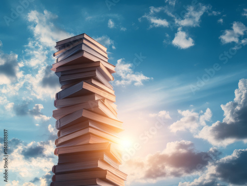 towering stack of books against bright sky, symbolizing knowledge and aspiration photo