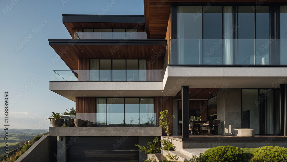 Fototapeta premium Multi-Level Residence with Glass Facades and Wood Accents
