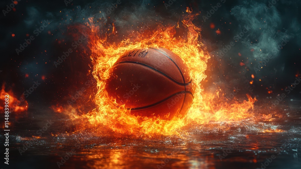 Fiery basketball engulfed in flames on dark reflective surface. Fiery basketball engulfed in flames on dark reflective surface.