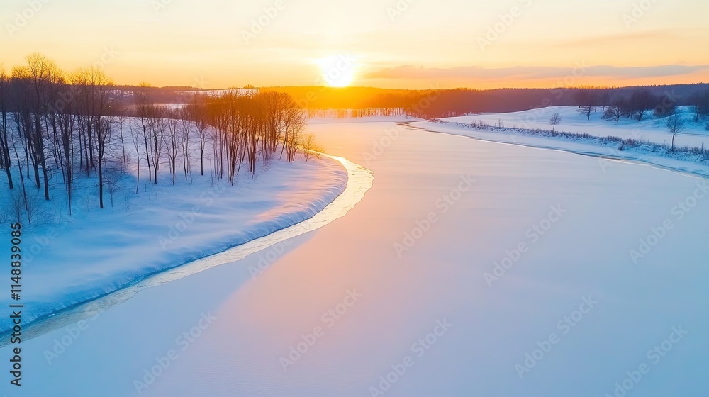 Serene Winter Sunset Over Frozen River Bordered By Snow-Covered Landscape With Silhouetted Trees On The Horizon In A Calm and Peaceful Environment Serene Winter Sunset Over Frozen River Bordered By Snow-Covered Landscape With Silhouetted Trees On The Horizon In A Calm and Peaceful Environment