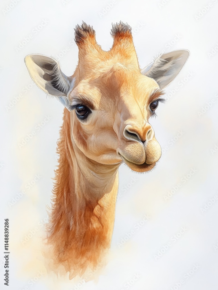 Obraz premium Gentle Giraffe Watercolor Portrait - A serene watercolor painting of a young giraffe's head and neck, symbolizing grace, gentleness, innocence, beauty, and African wildlife.