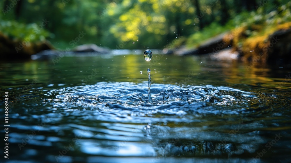 Fototapeta premium A close-up of a water droplet creating ripples in a serene natural setting.
