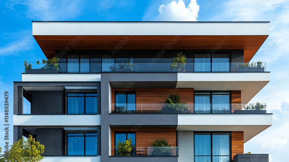 Detail of modern residential apartment flat building exterior showcasing a luxury home complex with sleek design and city real estate. A fragment of upscale architecture with blue sky and copy space Detail of modern residential apartment flat building exterior showcasing a luxury home complex with sleek design and city real estate. A fragment of upscale architecture with blue sky and copy space