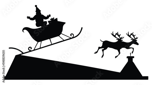 silhouette of Santa Claus and his reindeer in mid-landing on a rooftop