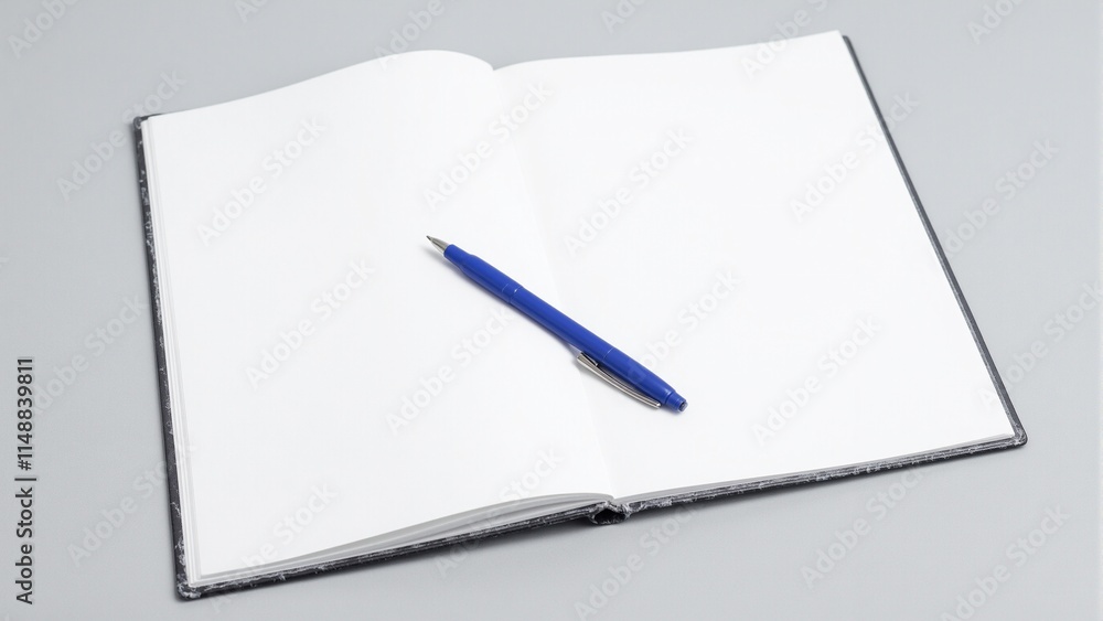 Blue ballpoint pen on open notebook minimalist light gray office desk Blue ballpoint pen on open notebook minimalist light gray office desk