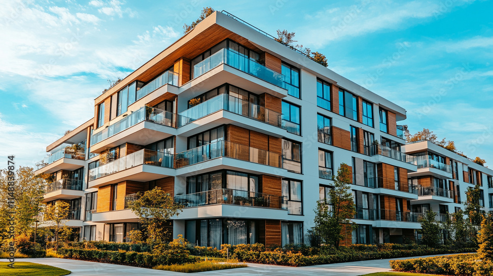 Detail of modern residential apartment flat building exterior showcasing a luxury home complex with sleek design and city real estate. A fragment of upscale architecture with blue sky and copy space Detail of modern residential apartment flat building exterior showcasing a luxury home complex with sleek design and city real estate. A fragment of upscale architecture with blue sky and copy space