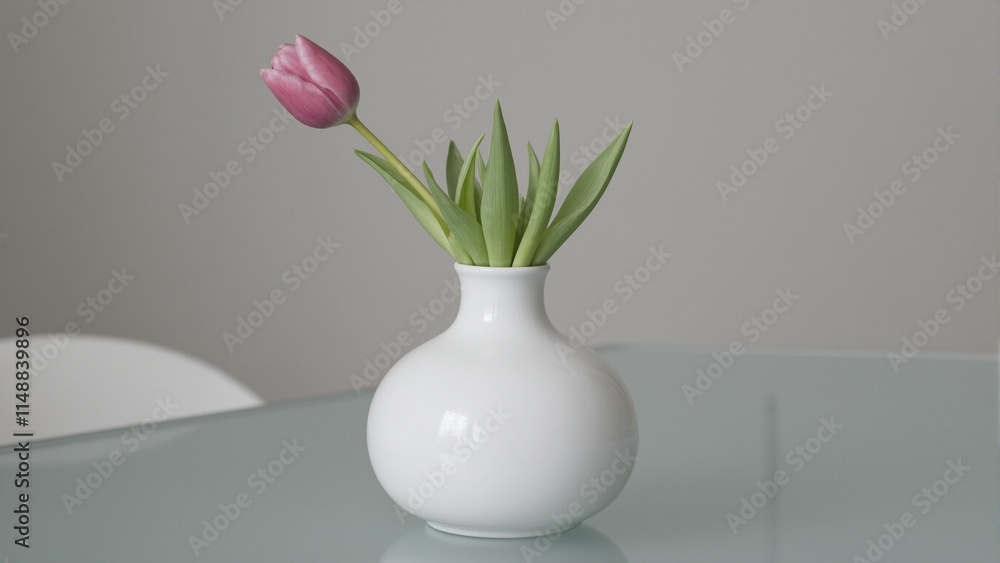 Elegant white vase with pink tulip on glass table soft reflections below Elegant white vase with pink tulip on glass table soft reflections below