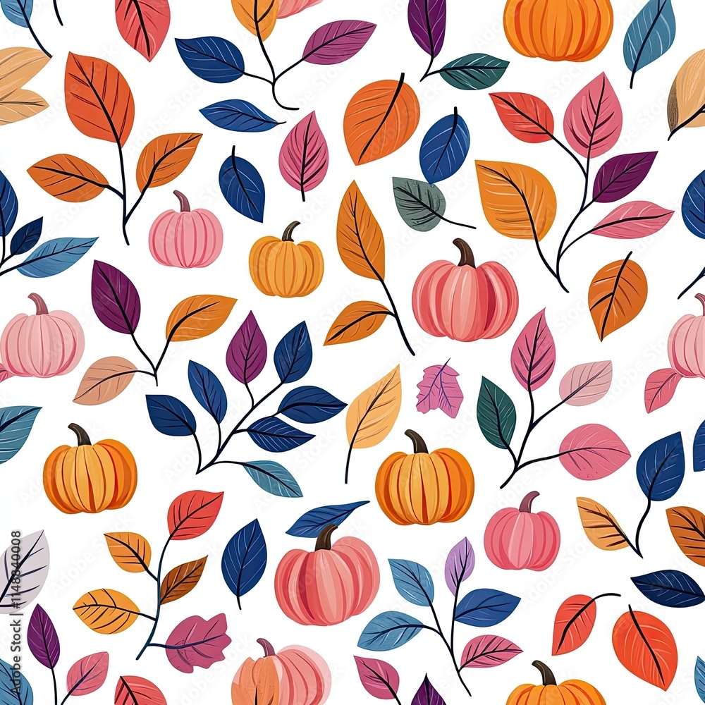 Colorful Autumn Leaves and Pumpkins Pattern with Vibrant Seasonal Foliage in Warm Tones for Backgrounds and Textiles Colorful Autumn Leaves and Pumpkins Pattern with Vibrant Seasonal Foliage in Warm Tones for Backgrounds and Textiles