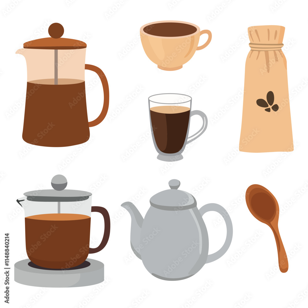 Vector Set of Hand-Drawn Coffee Cups and Kettles: A charming collection of hand-drawn coffee elements, blending intricate line work with a homely, café-inspired vibe. Vector Set of Hand-Drawn Coffee Cups and Kettles: A charming collection of hand-drawn coffee elements, blending intricate line work with a homely, café-inspired vibe.