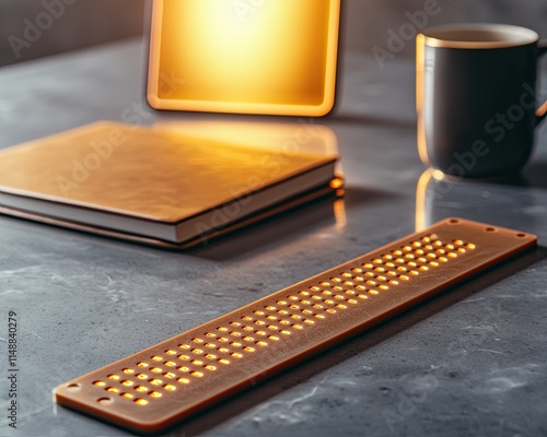 Braille Tools and Resources for Accessibility visualized as a tactile Braille ruler laid on a sleek desk, with a glowing notebook in the background representing educational accessibility photo