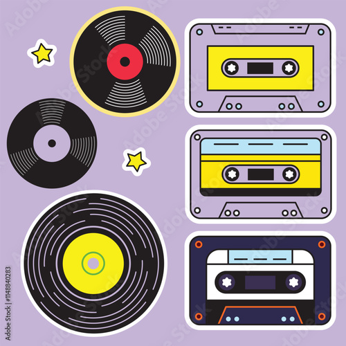 Retro Vector Set: Hand-Drawn Cassettes and Discs Elements: A playful retro collection of cassette tapes and discs, rendered in a hand-drawn style that evokes classic analog vibes.