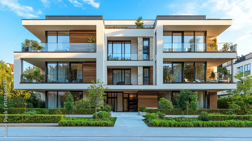 Detail of modern residential apartment flat building exterior showcasing a luxury home complex with sleek design and city real estate. A fragment of upscale architecture with blue sky and copy space Detail of modern residential apartment flat building exterior showcasing a luxury home complex with sleek design and city real estate. A fragment of upscale architecture with blue sky and copy space