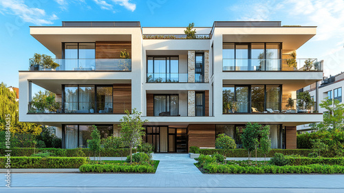 Detail of modern residential apartment flat building exterior showcasing a luxury home complex with sleek design and city real estate. A fragment of upscale architecture with blue sky and copy space