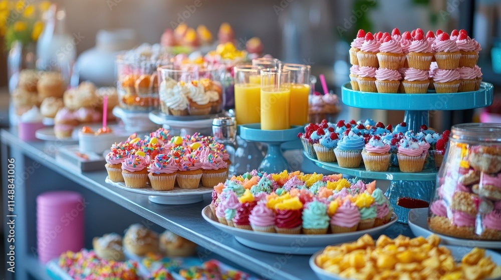 Table overflowing with fun snacks, cupcakes, and drinks, inviting joyful feasting. Table overflowing with fun snacks, cupcakes, and drinks, inviting joyful feasting.