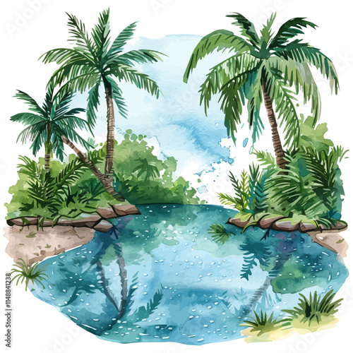 A watercolor drawing of a tropical lagoon with sparkling water, isolated on a white background. Lagoon vector.
