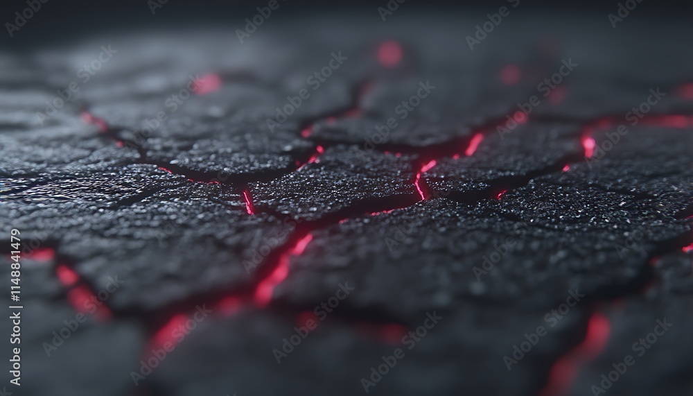 Abstract close-up of cracked surface with glowing red fissures. Abstract close-up of cracked surface with glowing red fissures.