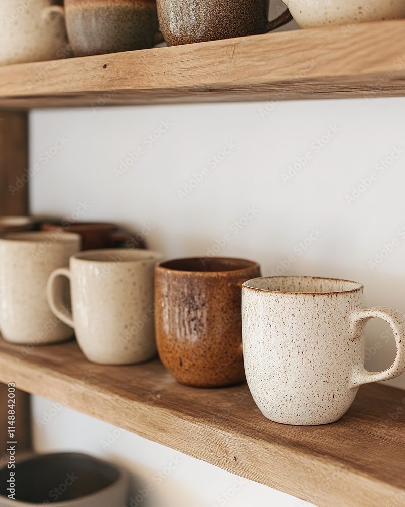 Warm ceramic mugs arranged on wooden shelf, showcasing unique te Warm ceramic mugs arranged on wooden shelf, showcasing unique te
