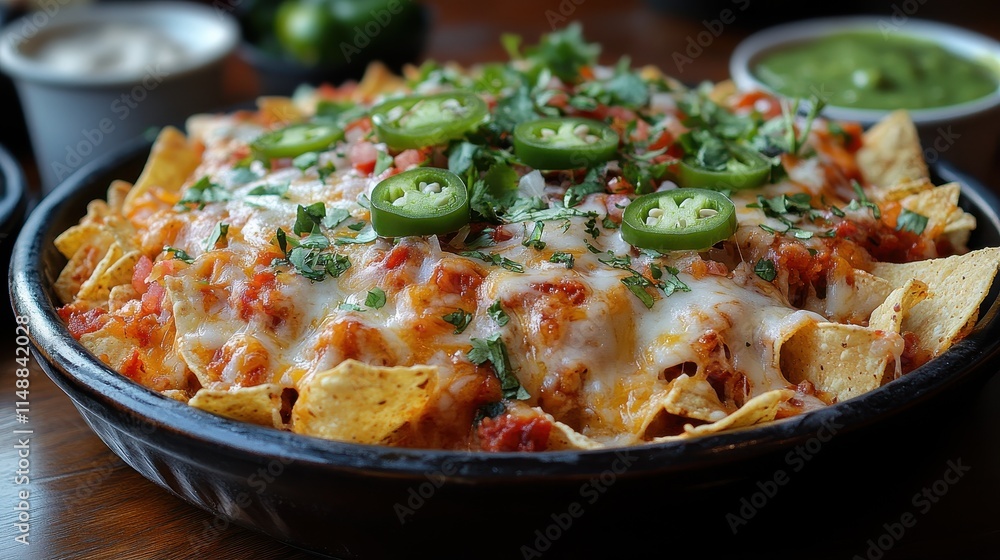 Vibrant nacho platter overflowing with melted cheese, jalapeños, and fresh salsa, ready for sharing. Vibrant nacho platter overflowing with melted cheese, jalapeños, and fresh salsa, ready for sharing.
