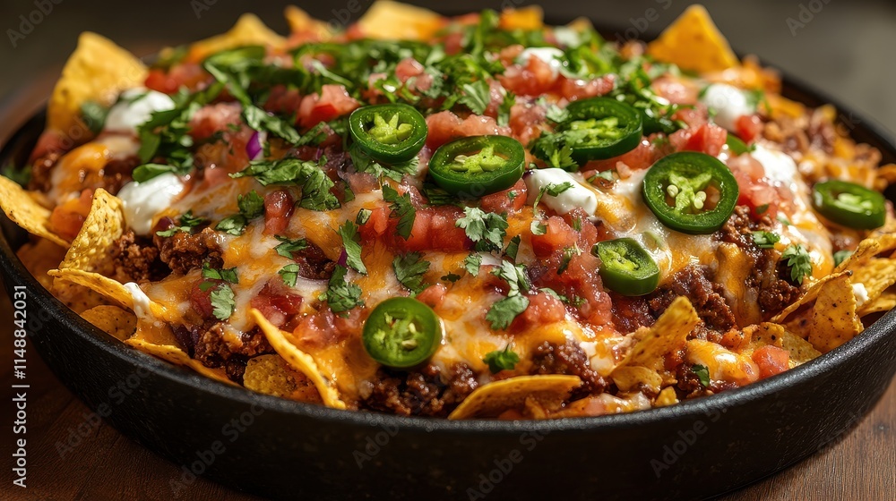 Vibrant nacho platter overflowing with melted cheese and fresh salsa, ready for sharing. Vibrant nacho platter overflowing with melted cheese and fresh salsa, ready for sharing.