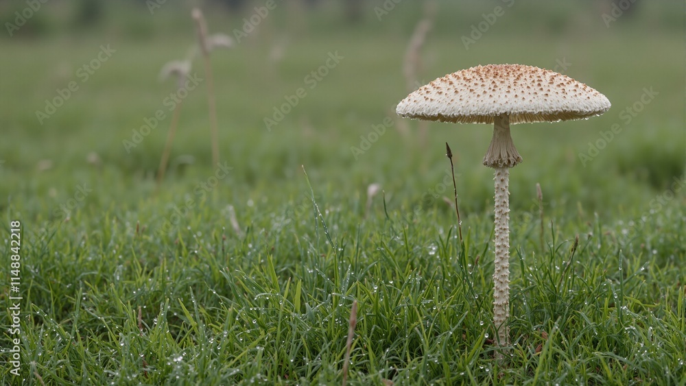 Majestic parasol mushroom in dewy meadow Majestic parasol mushroom in dewy meadow