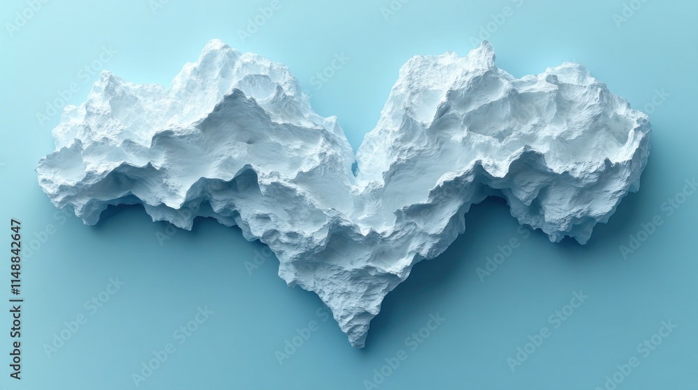Fototapeta premium Abstract white mountainous landmass on light blue background.