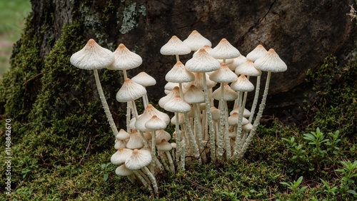 Fresh enoki mushrooms clustered at base of mossy tree stump photo