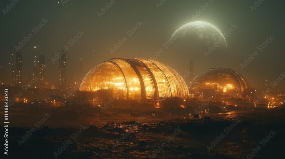 Illuminated Domes and Cityscape Underneath a Distant Moon Illuminated Domes and Cityscape Underneath a Distant Moon