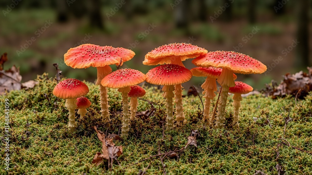 Fototapeta premium Vivid red capped mushrooms and golden stems amidst lush green moss in a mystical forest setting