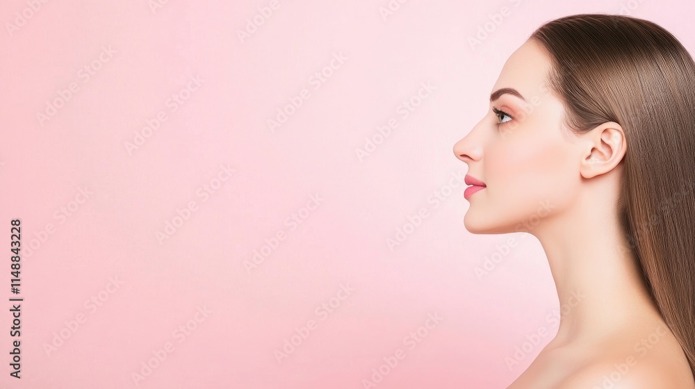 Beautiful Woman Profile on Pink Background Showcasing Graceful Features and Smooth Skin, Ideal for Beauty and Skincare Promotions in Marketing Beautiful Woman Profile on Pink Background Showcasing Graceful Features and Smooth Skin, Ideal for Beauty and Skincare Promotions in Marketing