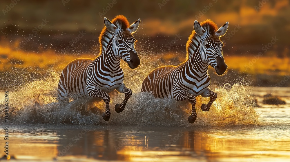 Fototapeta premium Two zebras run fast through golden water at sunset. Splash water, gallop across river. Wildlife scene in Africa. Safari adventure. Amazing animal action. Golden hour light. Beautiful nature. Stunning