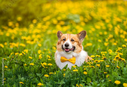 cute corgi dog in yellow bow tie sitting and smiling on flowering lawn among ...