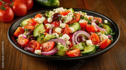 Fresh Mediterranean Salad with Cucumbers, Tomatoes, Olives, Onions, Feta Cheese, and Herbs in Vibrant Colors Presented on a Black Plate