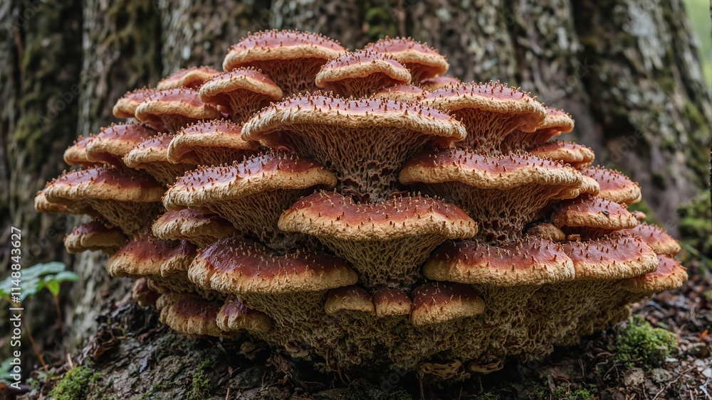 Vibrant reishi mushrooms growing in layers on tree trunk Vibrant reishi mushrooms growing in layers on tree trunk