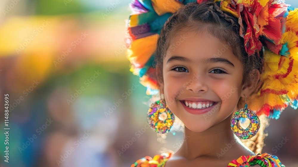 Young Brazilian girl with carnival attire and a joyful smile.